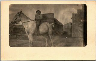 Vintage Rppc Real Photo Postcard Young Boy On Horse / Cowboy Hat C1910s
