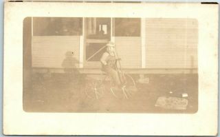 Vintage Rppc Real Photo Postcard Little Boy On High Wheel Bicycle C1910s