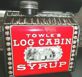 Vintage Towles Log Cabin Syrup Tin Bank Metal Home Sweet Home Boy Litho 1979