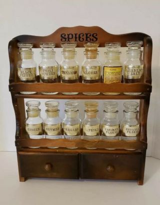 Vintage Wood Spice Rack With 12 Labeled Glass Jars 14 "