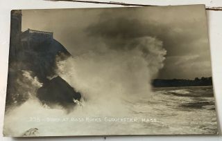 Vintage Real Photo Postcard Surf At Bass Rocks Gloucester Massachusetts Ma Rppc