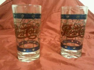 1970s Vintage Pepsi - Cola Tiffany Style Stained Glass Pattern Glasses - Set Of 2