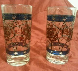 1970s Vintage Pepsi - Cola Tiffany Style Stained Glass Pattern Glasses - Set of 2 3