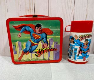 Vintage Superman Metal Lunchbox & Thermos 1978 Aladdin Dc Comics C Reeves