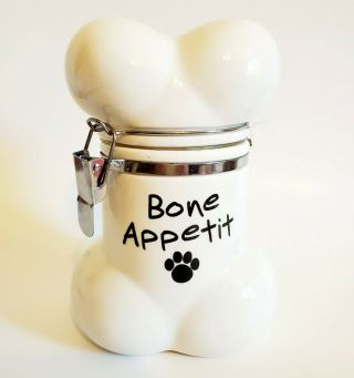 Boston Warehouse Bone Appetit Hinged Dog Treats Jar White Black Paw Print