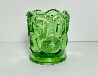 Vintage Green Glass Toothpick Holder Moon And Stars Pattern Pressed 2.  25 " Tall