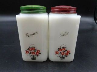 Vintage Tipp Milk Glass Depression Era Range Salt & Pepper - Flower Baskets