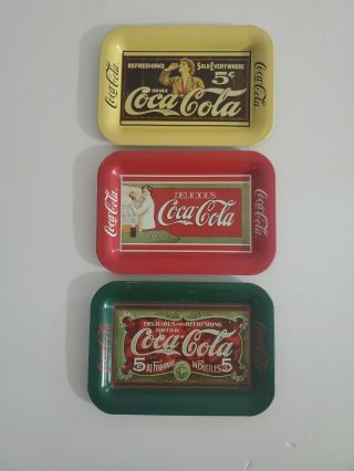 3 Vintage Coca - Cola Coke Small Metal Trays (6 1/2 " X 4 1/2 ") 1989 Collectible