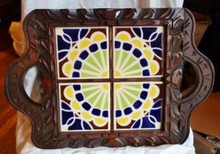 Hand Carved Wooden Serving Tray W/handles,  Mexico? Mexican Tiles