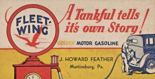 Vtg Ink Blotter Fleet Wing Gas Gasoline Motor Oil Advertising Martinsburg Pa