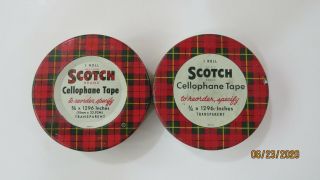 Vintage Scotch Brand Cellophane Tape Plaid Round Pair Metal Tin,