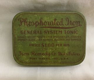 Old Phosphorated Iron General System Tonic Medicine Tin Fort Wayne Indiana