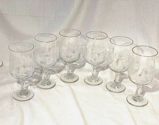 Libbey Stem (6) Goblets 7.  25 " Clear Glass Etched White Frosted Trees Gold Rims