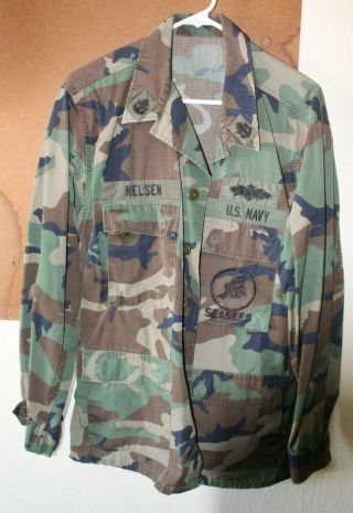 Us Military Woodland Pattern Camo Shirt / Size Large - Regular Seabees