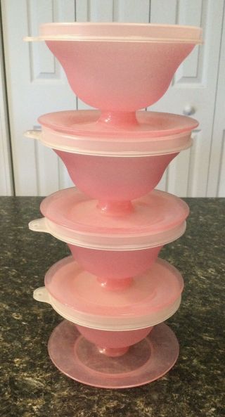 Vintage Tupperware Pastel Pink Pudding Custard Cups With Clear Lids