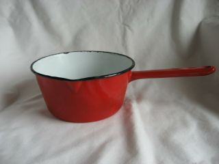 Vintage White Enamelware Red One/1 Quart Sauce Pan