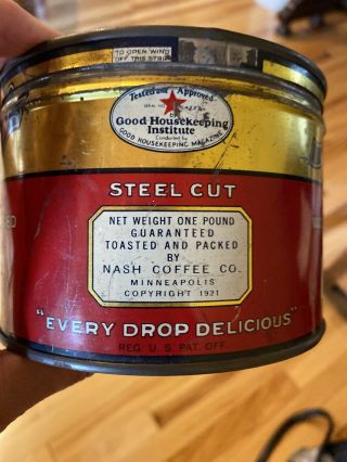 Vintage Nash’s Toasted Coffee Tin Can Reg Grind W/ Lid 1 Lb Advertising 3