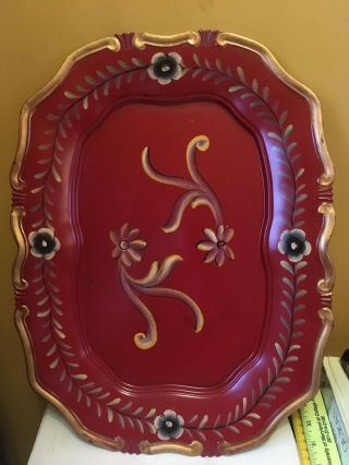Vintage Folk Art Red Plastic Oval Serving Tray 17 " W Hand Painted Gold Swirls