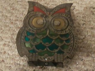 Vintage Owl 1960s - 70s Stained Blue Yellow Glass Cast Iron Napkin Holder Retro