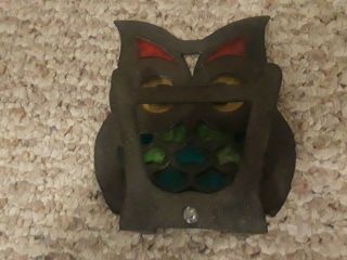 Vintage Owl 1960s - 70s Stained Blue Yellow Glass Cast Iron Napkin Holder Retro 2