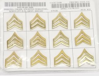 6 Pairs Nos Usgi Us Army Sergeant Sgt Bright Metal Rank Insignia Collar Brass