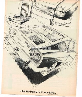 1969 Fiat 850 Fastback Coupe Line Drawing Vintage Print Ad