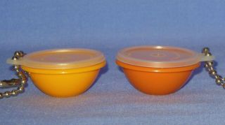 2 Vtg Mini Tupperware Wonderlier Bowl Keychains With Lid Harvest Yellow & Orange