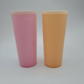 Set Of 2 Vintage Tupperware Pastel Tumblers / Glasses With Lids 16oz 107
