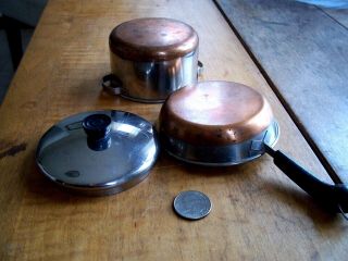 Vntg Revere Ware Copper Bottom Miniature Mini Skillet Pan & Lidded Pot Child Toy