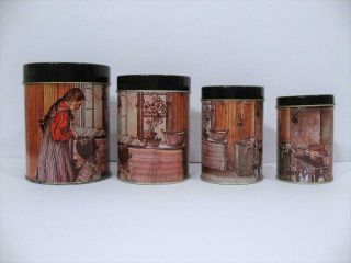 Vintage Metal Canister Set Of 4 Old Fashioned Kitchen Scene Made In Hong Kong