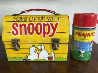 Vintage Thermos 1968 Have Lunch With Snoopy Metal Dome Lunch Box With Thermos