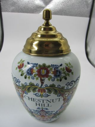 Vintage Delft 8 Inch Tall Ceramic Canister Jar With Brass Lid Chestnut Hill