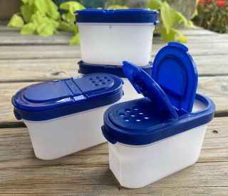 Vtg Tupperware 4 Small Spice Containers W/navy Blue Shake/spoon Tops Mod Mates