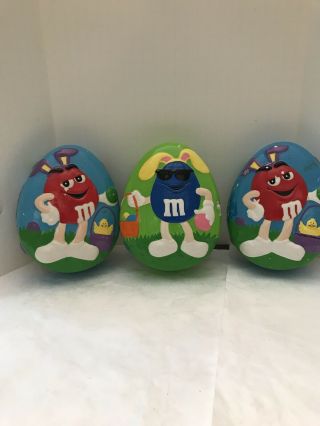 1 Blue & 2 Red M&m Ceramic Egg Candy Dish Easter Bunny Galerie Collectible
