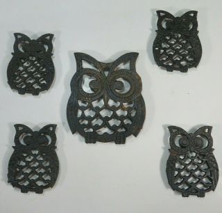 Vintage Cast Iron Owl Trivets - Black - Set Of 5 - Hippie Boho Retro Kitchenware