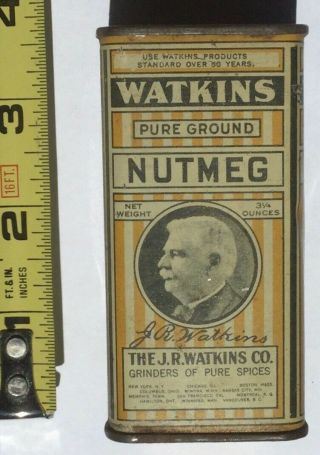 Watkins Pure Ground Nutmeg Spice Tin Can Guy Stripes Winona Minnesota 3 1/4 Oz