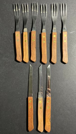 Wood Handle Stainless Dinner Forks Set 6 And Steak Knives 3 - Made In China
