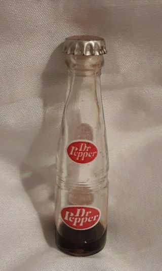 Vintage Miniature Mini Glass Bottle Dr Pepper 3 " Tall Metal Cap With Liquid