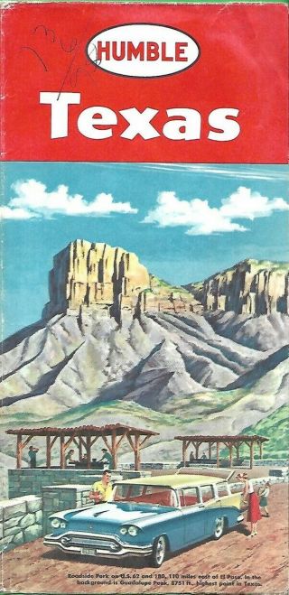 1958 Humble Oil Road Map Texas Austin San Antonio Houston El Paso Guadalupe Peak