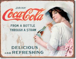 Large Coca Cola Coke Bottle & Straw Vintage Retro Weathered Metal Tin Sign 1473