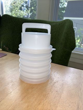 Vintage Tupperware Hamburger Press With Ring And 6 Storage Keepers And Lid