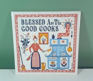 Vtg Berggren Trayner Tile Trivet Blessed Are The Good Cooks 1963 Stove Cat