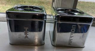 2 Vintage Lincoln Beautyware Chrome Embossed Coffee and Tea Canisters 2