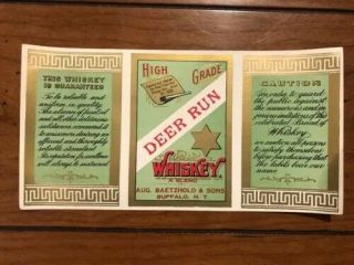 Vintage Deer Run Whiskey Label.  August Baetzhold.  Buffalo N.  Y Rare