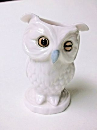 Vintage Winking White Owl Toothpick Holder or Match safe Slag Glass Japan 2