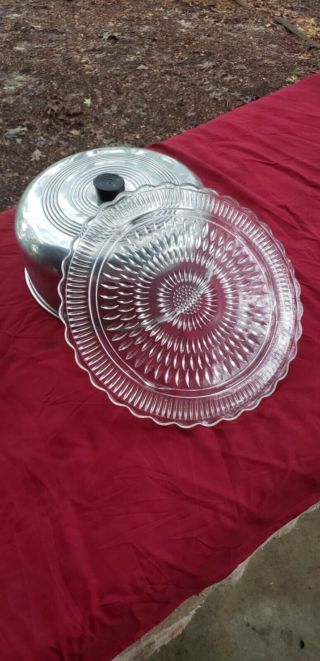 Vintage 1950’s Glass Cake Plate With Aluminum Cover