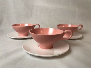 Vintage Boontonware Melmac Melamine Pink And White Tea Cups Set Of 3,  Mid Century