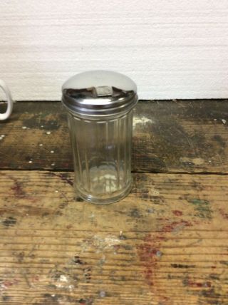Vintage Sugar Shaker Pourer Dispenser Stainless Domed Lid Ribbed Glass