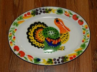Vintage Large Oval Enamel Metal Thanksgiving Turkey Tray Serving Platter
