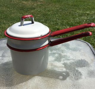 Vintage Red And White Enamelware,  3 Pc,  Small Double Boiler,  Pots 4” & 3” H,  4”w